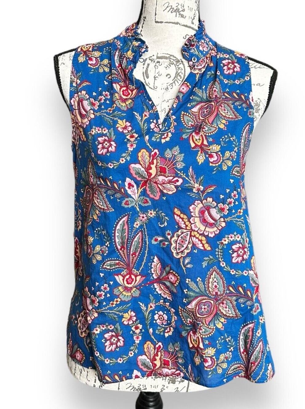 J. Crew L1035 Liberty Fabric Blue Flora Belle Floral Ruffle Neck Tank Top 2